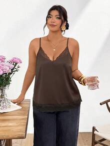 Lounesse Plus Size Women Lace Patchwork Camisole, Sexy & Romantic Sleeveless Top For Daily Wear, Commuting & Outing Cami Top For Women Brown Cami Top Silky Tops For Women Blouse For Women Casual Elegant - Brown - View 4