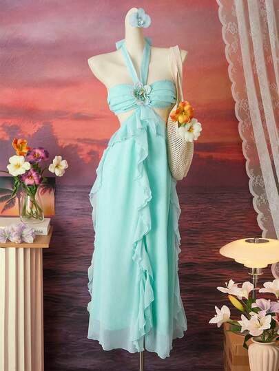 Bellisia 浪漫优雅度假装扮荷叶边露背3D立体花朵连衣裙，适合女士春夏穿着，款式多样，包括Zanzea连衣裙、晚礼服、特殊场合礼服、正式长裙、荷叶边礼服、荷叶边长款连衣裙、露背连衣裙、度假装、女士度假连衣裙、女士晚礼服。