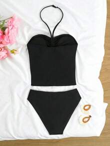SHEIN 青少年女孩春夏休閒海灘度假海星裝飾掛脖荷葉邊上衣搭配側綁帶三角泳褲泳衣套裝 - 黑色 - 查看 2