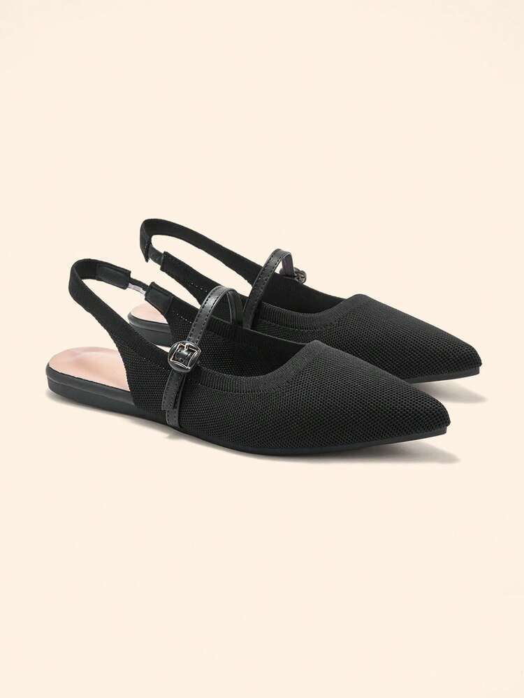CUCCOO BASICS Women Shoes Pointed Flat Bottom Black Knitted Strap Buckle Back Strap Comfortable And Breathable Daily Commute Versatile Flat Bottom Mary Jane Women's Shoes Women's Flat Shoes Slingback Shoes