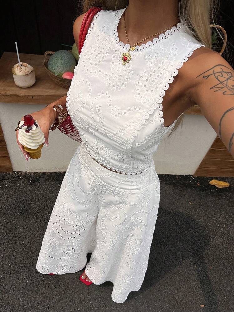 New Arrival Spring/Summer Women's Sleeveless Embroidered Hollow-Out Lace Maxi Dress & Matching Set