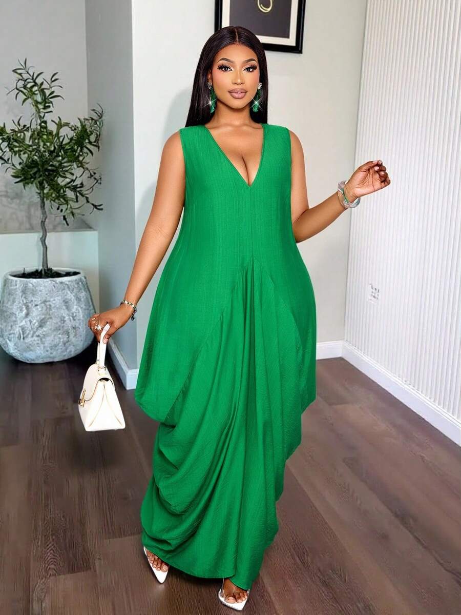 SOLERSUN Vestido midi plisado de envoltura holgada con cuello en V profundo sin mangas de lino de algodón sintético de unicolor para mujeres de talla grande. Un vestido versátil y elegante, adecuado para el uso diario, vacaciones en la playa, el Día de San Patricio, Pascua, festivales de música, fiestas, citas, temporada de bodas, estilo callejero, estilo bohemio, noble y elegante, moderno. - Verde - Ver 1