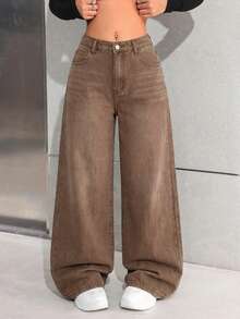 SHEIN Quần jeans ống rộng dáng suông, cạp thấp, túi xéo, phong cách Y2K dành cho nữ tuổi teen, thời trang đường phố. - Cà phê nâu - Xem 1