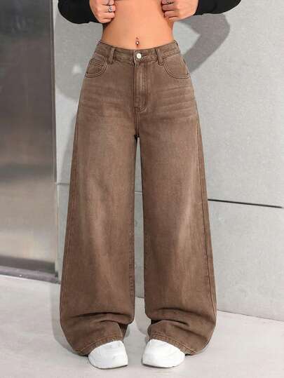 SHEIN Quần jeans ống rộng dáng suông, cạp thấp, túi xéo, phong cách Y2K dành cho nữ tuổi teen, thời trang đường phố.