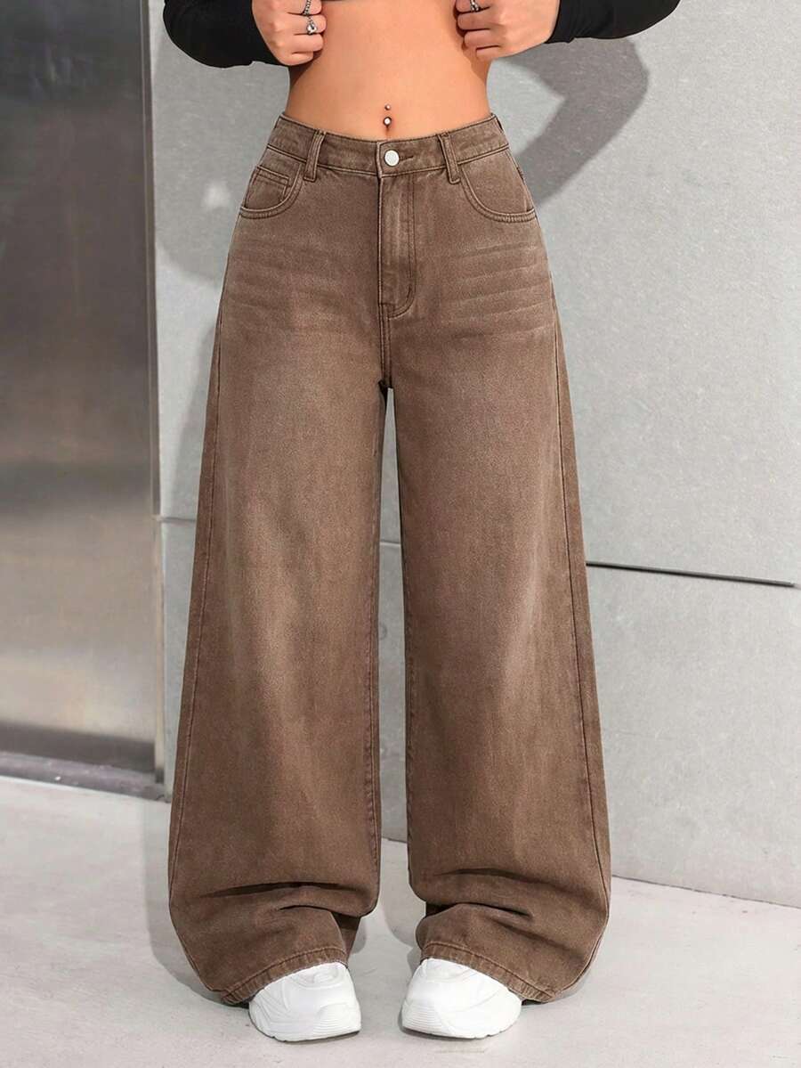 SHEIN Quần jeans ống rộng dáng suông, cạp thấp, túi xéo, phong cách Y2K dành cho nữ tuổi teen, thời trang đường phố. - Cà phê nâu - Xem 1