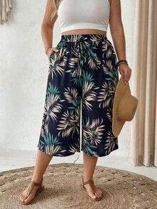 SHEIN CURVE+ Plus Size Elastic Waist Wide Leg Capri Pants Beach Outfits For Woman Plus Size - Multicolor - View 4