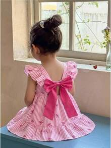 LMoss Kids 女宝宝可爱夏季蝴蝶结条纹荷叶袖连衣裙 - 粉色 - 查看 4