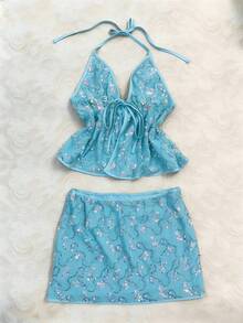 Elamini 女士夏季蓝色串珠吊带背心和迷你裙两件套，性感海滩度假风 - 藍色 - 查看 3