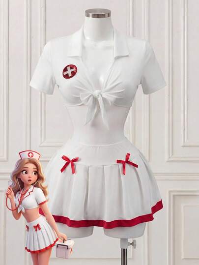 Fantasy Costume مجموعة زي ممرضة خيالي - توب مربوط بالأربطة وتنورة
