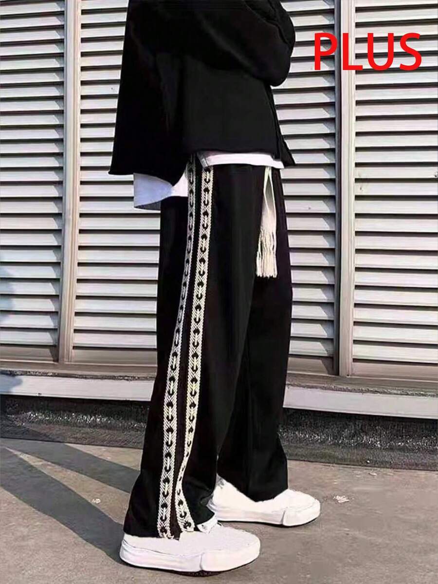 Manfinity Roghcode Plus Size Men's Casual Drawstring Waist Side Stripe Pants - Black - View 1