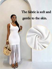 BamGleam Vestido elegante de unicolor con diseño de flecos, adecuado para el verano - Beis - Ver 4