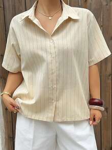 Dazy Plus Striped Loose Fit Short Sleeve Black Casual Shirt - Mustard Yellow - View 7