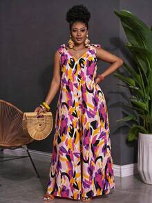 SHEIN CURVE+ Bộ jumpsuit không tay cổ chữ V in họa tiết toàn thân, cỡ US22, phong cách bohemian, thích hợp cho lễ hội âm nhạc và kỳ nghỉ bên bờ biển. - Nhiều màu - Xem 4