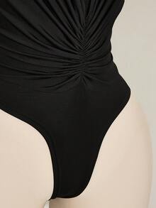 SHEIN ICON 性感深V领蕾丝拼接女士连体衣 - 黑色 - 查看 6