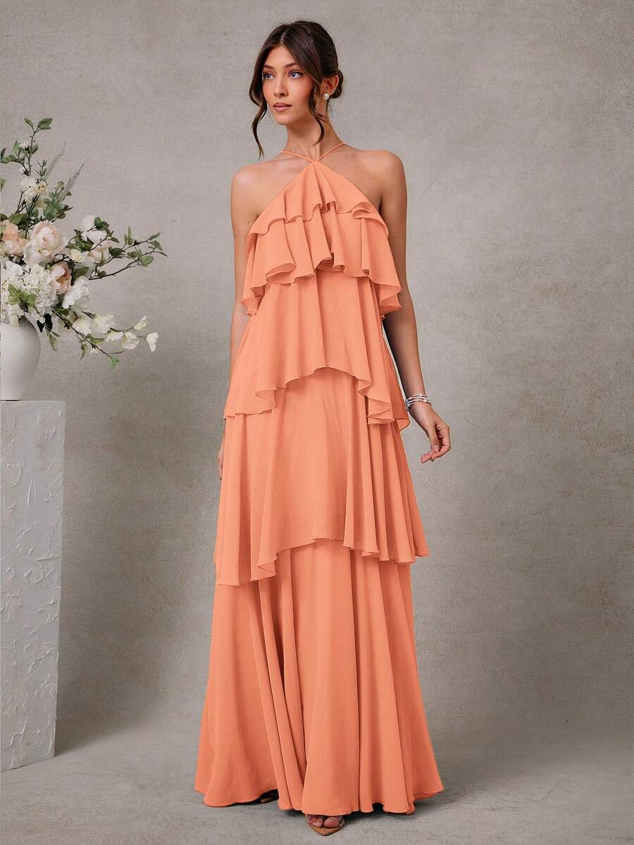 L'Amorae Elegant Romantic Wedding Guest Solid Halter Tiered Chiffon Maxi Dress - Coral Pink - View 1