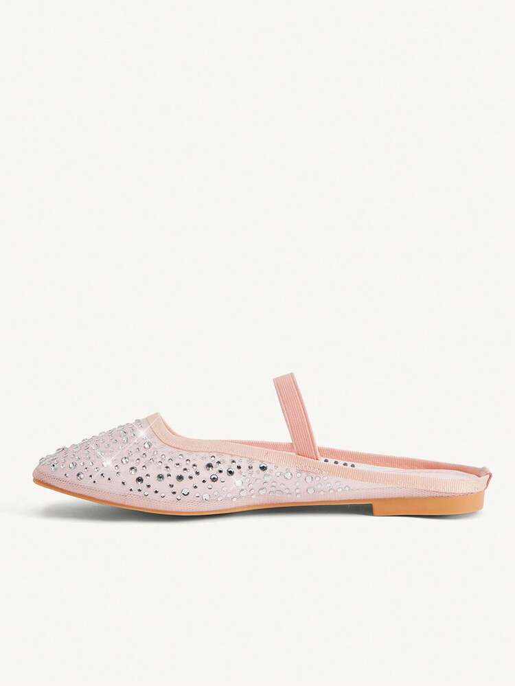 CUCCOO CHICEST Women Shoes Summer And Summer Fashion Pink Full Rhinestone Mesh Elastic Women Flat Mule Shoes Elegant When Comfortable Cute Sweet Women Flat Shoes Half Slippers Elegant Shoes Wedding Shoes Summer Shoes Bride Shoes