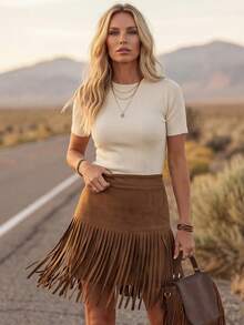 LanaWest Chân váy tua rua kiểu phương Tây mới dành cho nữ - màu nâu - Xem 3