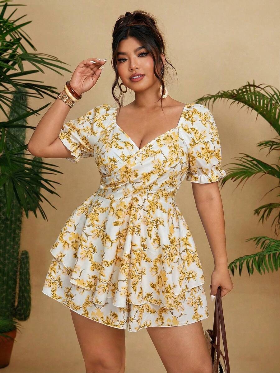 Vionelle 大码女式度假蓝色碎花短袖连体衣 - 黃色 - 查看 1