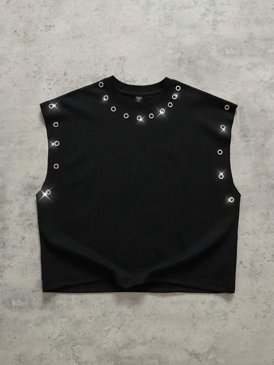 ROMWE MEN Essentials Débardeur décontracté à col rond avec décoration en métal, style de rue pour hommes - Noir - Voir 1