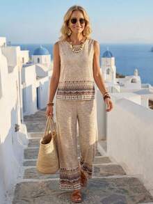 EMERY ROSE Bộ đồ hai mảnh phong cách retro dành cho nữ: áo không tay cổ tròn và quần dài. - Nhiều màu - Xem 1