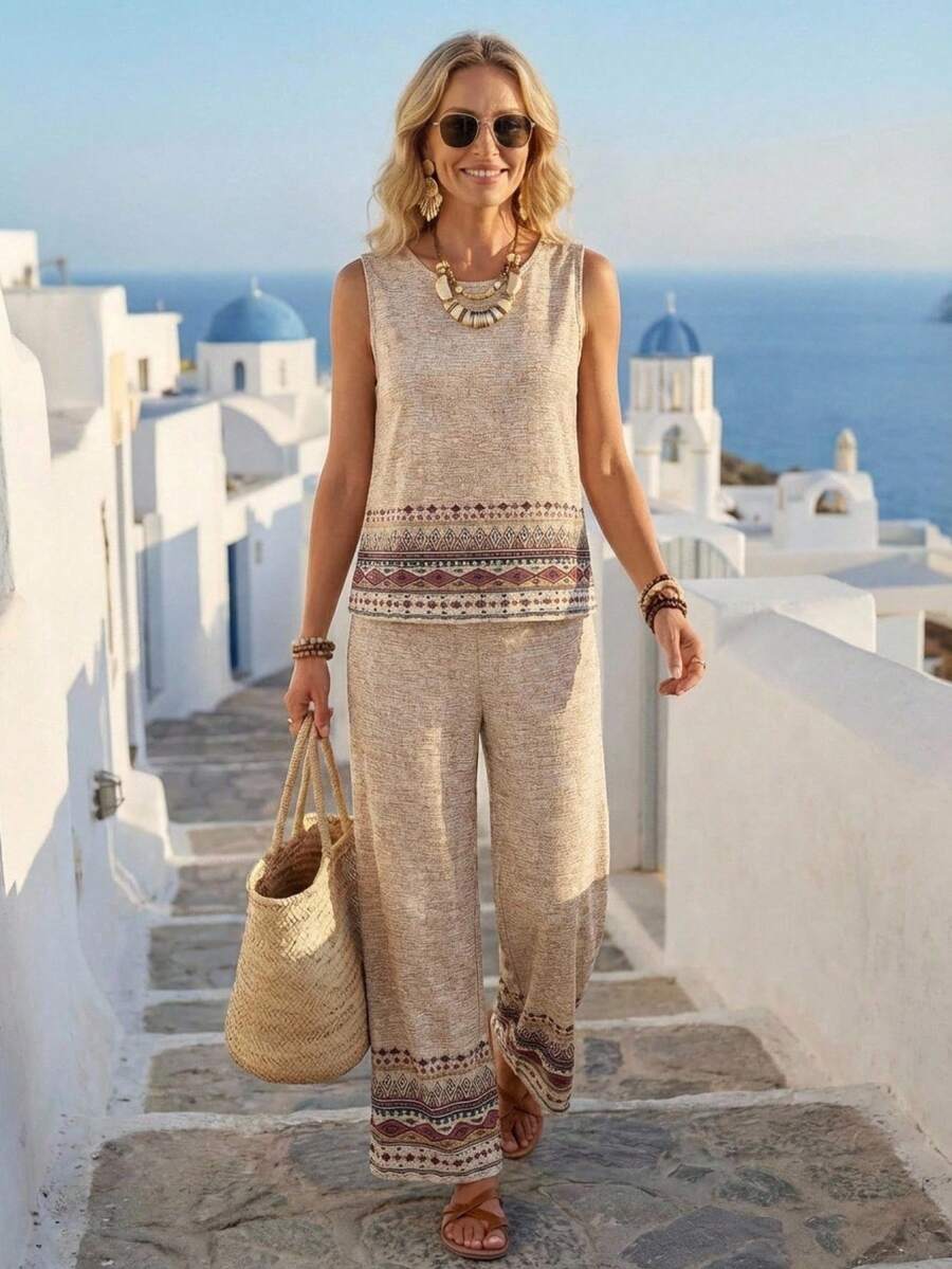 EMERY ROSE Women's Retro Style Round Neck Sleeveless Top And Trousers Two Pieces Set - Multicolor - View 1