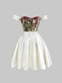 Sweetness Vestido corto vintage con hombros descubiertos y cintura ceñida con estampado floral primaveral y veraniego, vestido entallado y acampanado talla grande para cumpleaños - Albaricoque - Ver 4