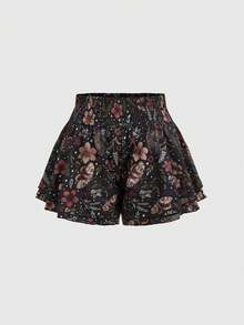ROMWE Fairycore Boho Wear 夏季嬉皮度假風植物印花大尺碼女款荷葉邊下擺 A 字短褲，附鬆緊腰帶 - 黑色 - 查看 1