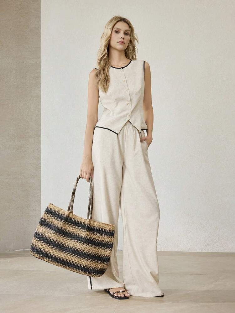 WOMEN STRIPED COLORBLOCK STRAW TOTE BAG