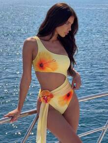 Bonvoyette 两件套女士碎花吊带连体泳衣，配不对称网纱裙摆，性感优雅的夏季度假装 - 黃色 - 查看 6