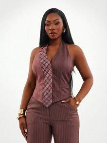 Radiana Plus Size Women's Chocolate Brown Summer Smart Casual Stripe Tie Collar Vest, Halter Neck Corset Top, Office Siren Business Work Tops, Vintage Chic - Multicolor - View 6