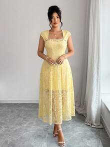 Celure Spring & Summer Women's Lace A-Line Dress With Chain & Starfish Decor, Elegant Resort Dress, Fashionable Yellow Resort Dress - Yellow - View 4