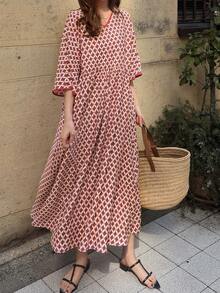 FRIFUL 女士V领褶皱印花休闲派对连衣裙 - 紅色 - 查看 1