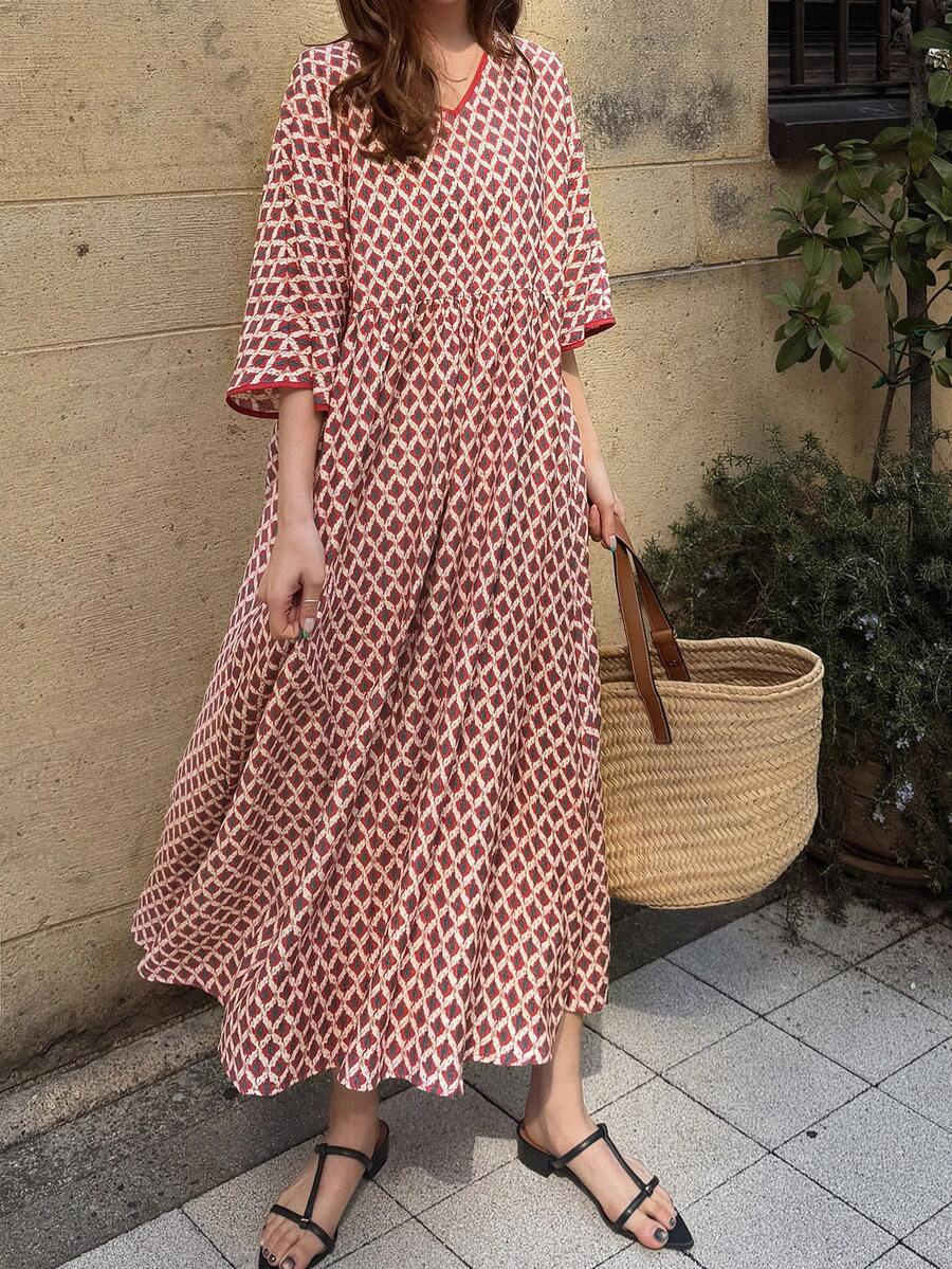 FRIFUL 女士V领褶皱印花休闲派对连衣裙 - 紅色 - 查看 1