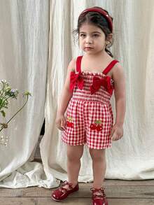 SHEIN LMoss Kids Bộ áo liền quần mùa hè dễ thương cho bé gái, họa tiết kẻ caro dâu tây, kiểu dáng thường ngày. - Đỏ - Xem 5
