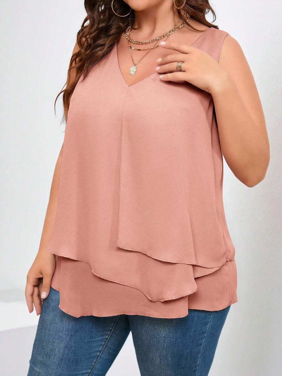 SHEIN Clasi Plus Size Women Solid Color Ruffle Hem Sleeveless Casual Shirt - Pink - View 1