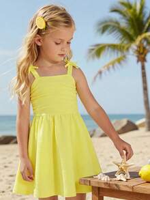Girls' Elegant Solid Color 3D Bow Ruffle Strap Dress, Suitable For Outings, Parties And Events In Spring/Summer Kids Dresses Yellow Young Girl Summer - Yellow - View 5