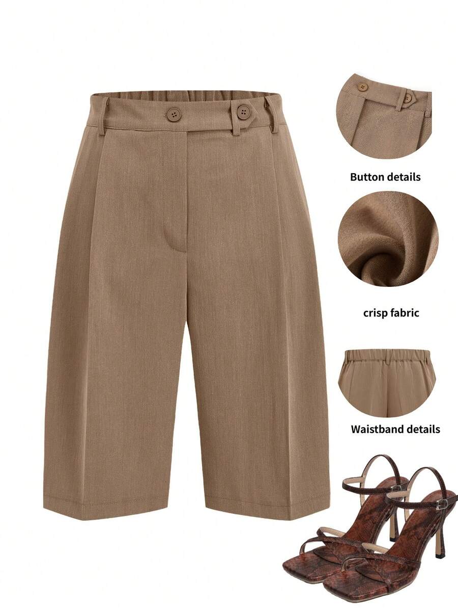 Ellevyn Casual Commuter Snap Pocket Capri Pants - Khaki - View 1