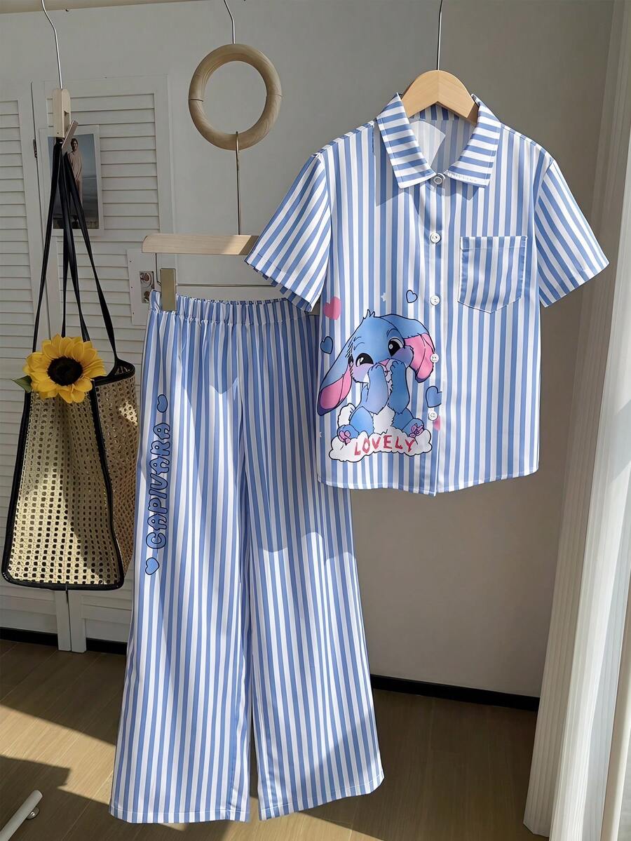 SHEIN Bộ áo thun và quần kẻ sọc kiểu dáng thường ngày dành cho bé gái tuổi teen, thích hợp cho kỳ nghỉ, dã ngoại, đi học. - Màu xanh lam - Xem 1