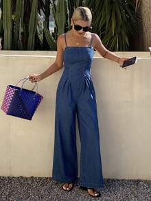 DAZY Women's Casual Striped Spaghetti Strap Wide Leg Denim Jumpsuit, Summer - Medium Wash - View 8