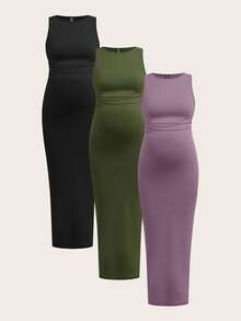 SHEIN 3pcs Maternity Solid Color Ruched Casual Camisole Dress,Summer Dark Green Maternity Bodycon Long Dresses For Photoshoot,Pregnancy Tummy Control Dress - Multicolor - View 15