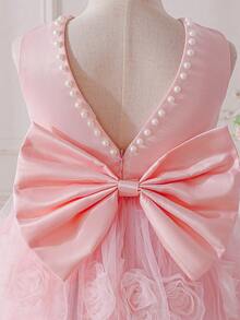 SHEIN Glamorique Kids 少女公主洋裝，花童裙，淡粉色網紗公主洋裝，3D網紗花朵，可愛優雅派對花童洋裝，生日派對，婚禮，婚紗，中東，歐洲和美國，珍珠，背後大蝴蝶結芭蕾舞茶會洋裝，女孩洋裝，芭蕾花童洋裝，迷人兒童洋裝，兒童洋裝，生日女孩，夏季 - 粉色 - 查看 6