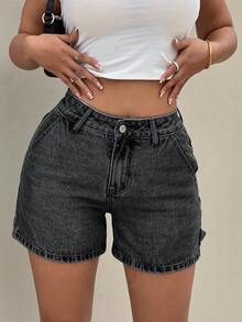 SHEIN PETITE Short en jean délavé décontracté pour femmes avec poches obliques, été - Noir - Voir 2
