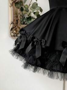 Lovelzi Elegant Luxurious Satin Patchwork Mesh, Handmade Bow Decor, Strapless Bubble Hem A-Line Short Cocktail Dress, Party Gown - Black - View 5