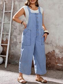 SHEIN CURVE+ Große Größen Lässige Jeans-Latzhose mit Knöpfen vorne, Sommer Karnevals-Kostüm, Pendeln, Urlaub, Abschluss, Chic Y2K, Süße Streetwear, Party, Hochzeit, Elegant, Business Lässig, Frau, Business, Strand, Ostern, Lässige Weite Bein Jeans-Latzhose mit verstellbaren Trägern und Knöpfen vorne, Sommer Jumpsuit, Vielseitiger Utility-Jumpsuit, Ostern Lässiger Jumpsuit - Blau - Übersicht 3
