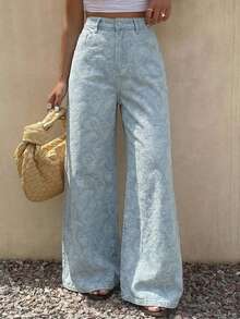 DAZY Quần ống rộng dáng suông bằng vải jacquard họa tiết hoa, quần jeans nữ mùa hè thoải mái, thích hợp cho kỳ nghỉ. - Màu xanh lam - Xem 6