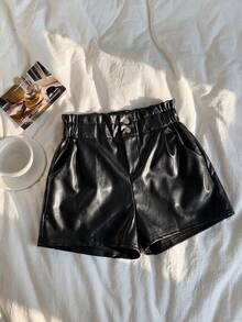 SHEIN Leap Crew Tween Girl Túi giấy giả da Eo Quần short màu trơn để mặc thường ngày - màu đen - Xem 4