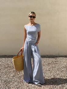 DAZY Spring & Summer Minimalist Vintage Linen 2 Pieces Set Women, Loose Casual T-Shirt And Wide Leg Pants - Blue - View 6