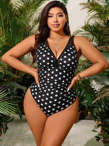 Swim Vcay Plus Size Women Mesh Polka Dot One-Piece Swimsuit, Suitable For Beach Vacation, Pool Party, Beach Party - Multicolor - View 4