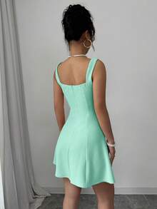 Rafferiza Đầm nữ màu trơn phối họa tiết, dây đeo rộng, đính đinh tán, kiểu dáng thường ngày. - màu xanh lá - Xem 2