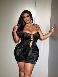 NU&NOW Plus-Size Sexy Snakeskin Pattern Fabric Black Strapless Mini Dress With Eyelet And Rope Lacing Design On The Chest; Party Outfit; Sexy Girl Outfit. - Black - View 6